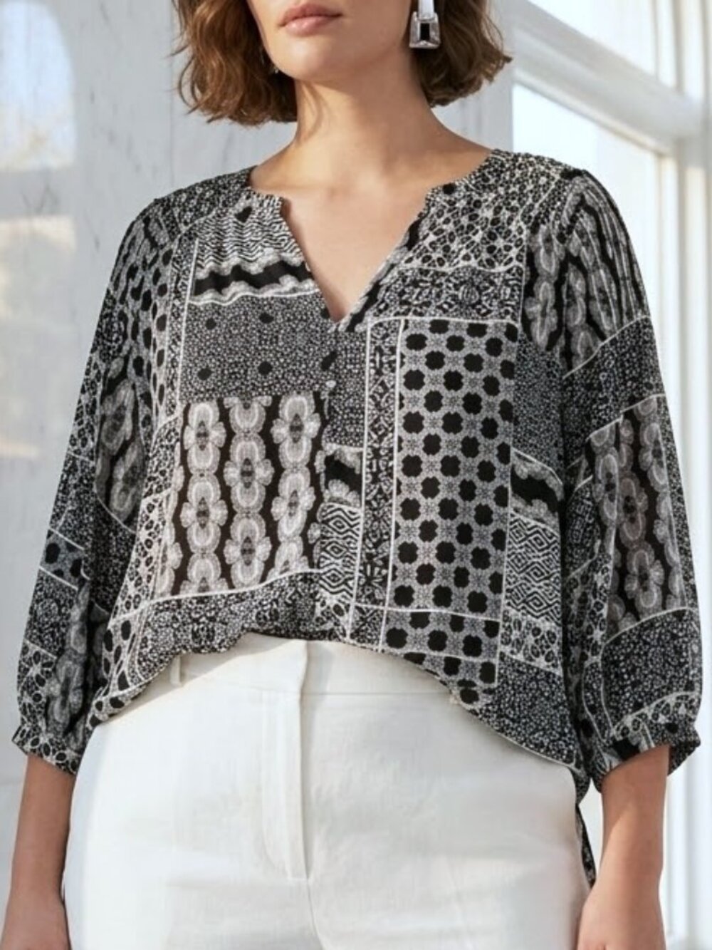 Rose + Olive Women's Abstract Floral 3/4 Sleeve Button Tunic Blouse Size 1X